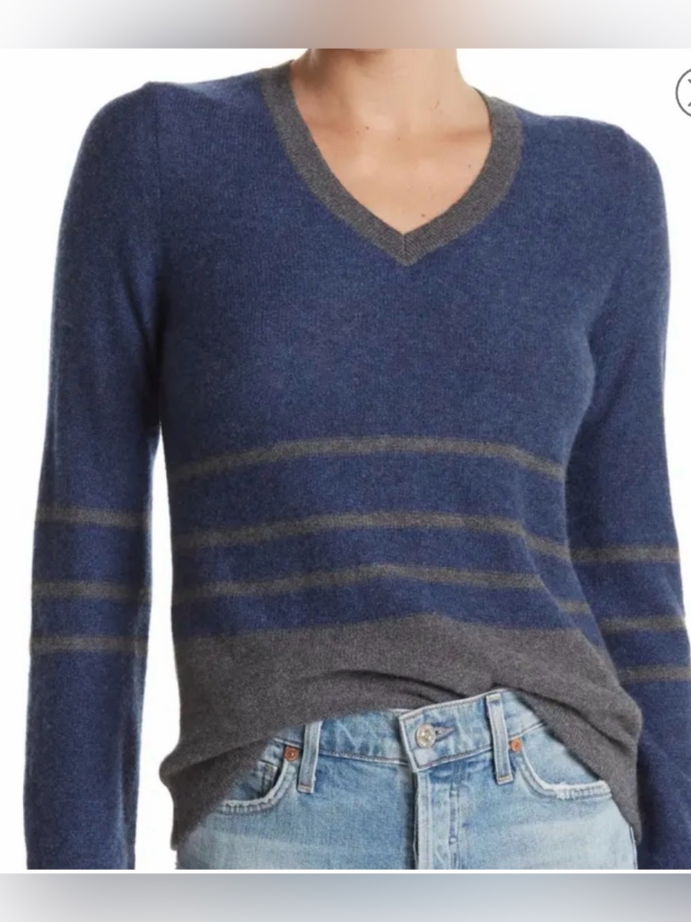 Griffen  Women’s Blue V-Neck Stripe Cashmere-Blend Sweater